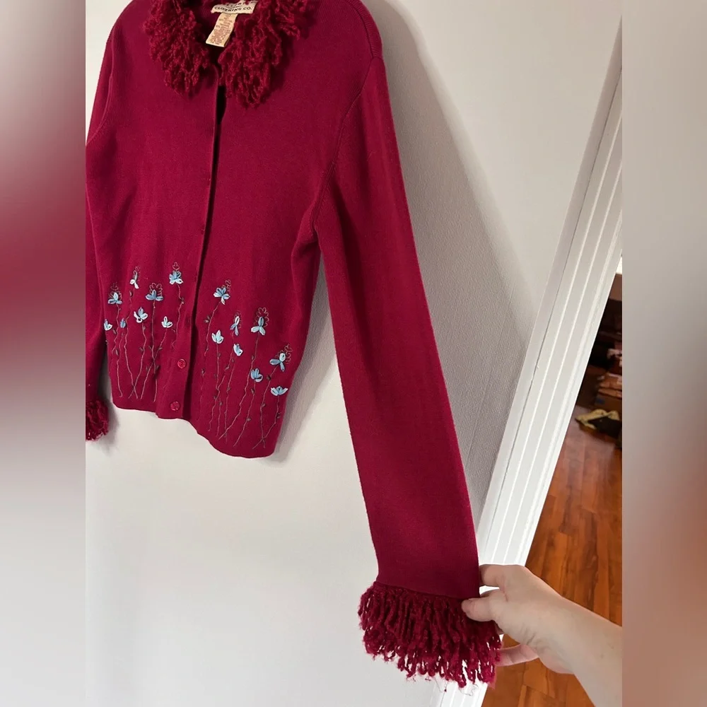 Y2K TELLURIDE 90s Fringe Trim 3D Floral Cardigan Sweater Whimsigoth Boho Size L
